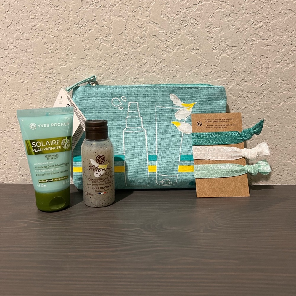 🎹2/$15 Yves Rocher cosmetics gift set bag body scrub lotion hair ties